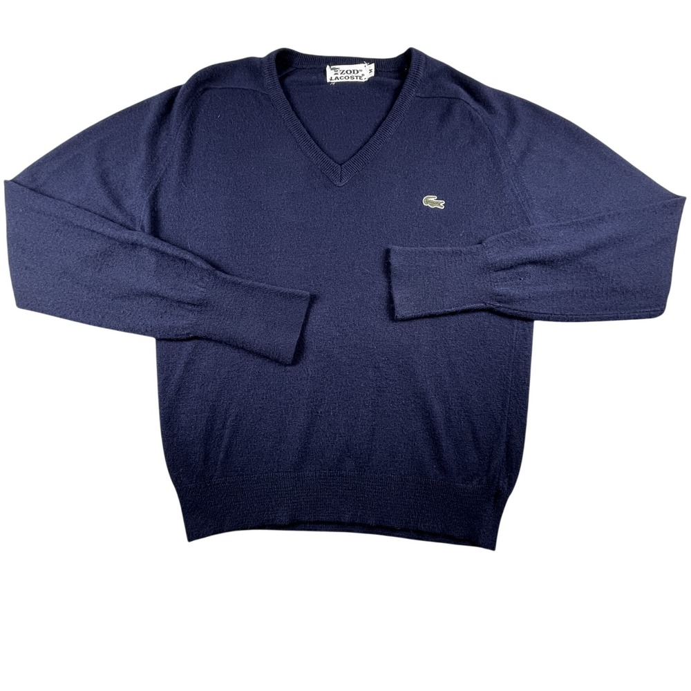 Izod Lacoste Vintage Sweater Mens M Navy Blue V-Neck Pullover Crocodile Logo
